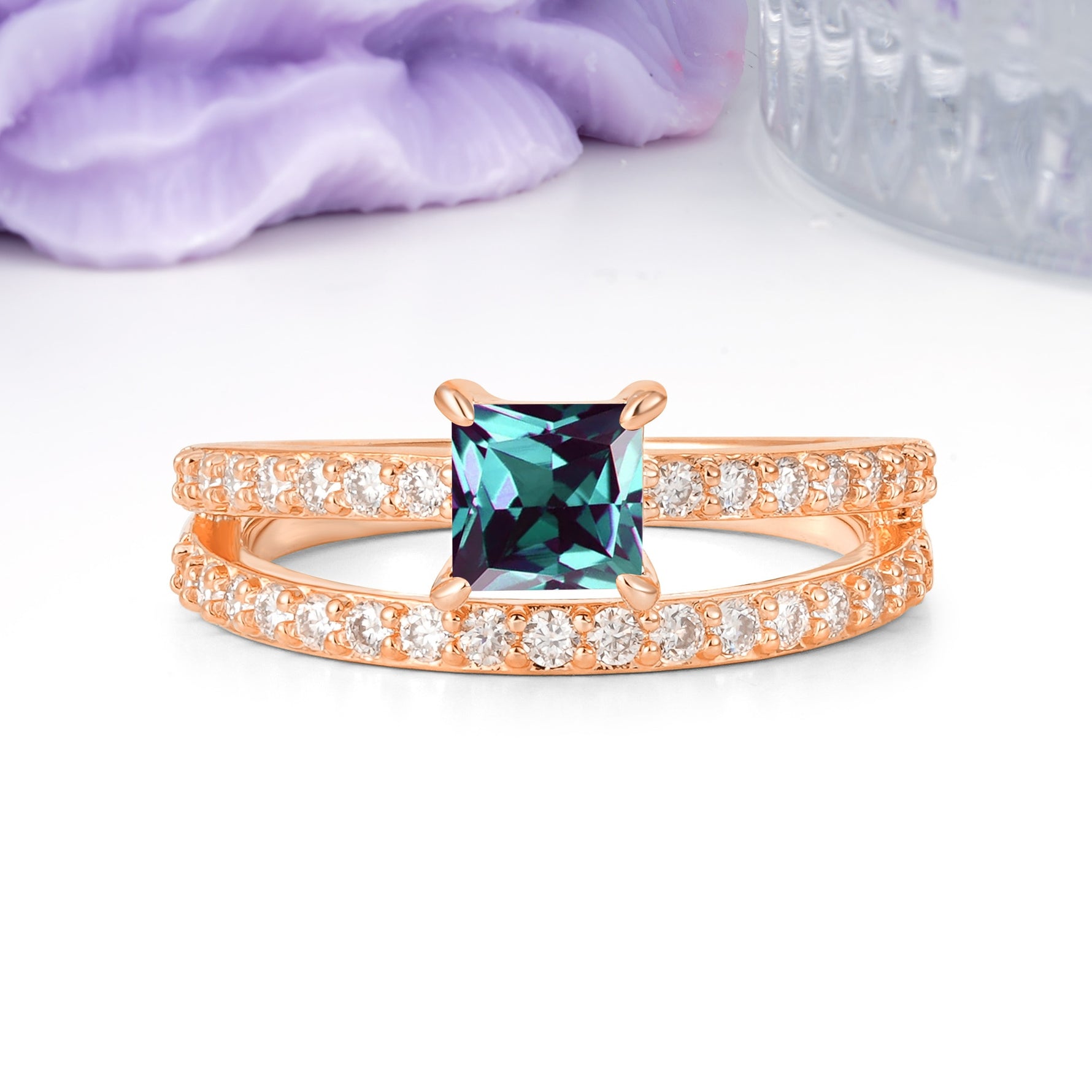 Luxurious Double-Row Diamond, Unique 4-Prong Princess Cut Alexandrite Engagement Ring - Additional view