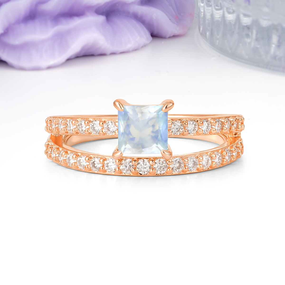 Luxurious Double-Row Diamond, Unique 4-Prong Princess Cut Moonstone Engagement Ring - Additional view