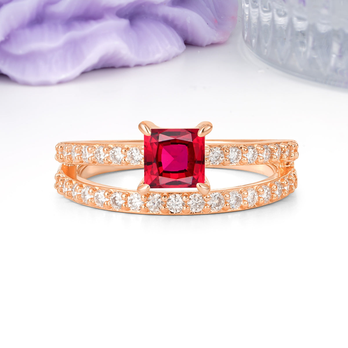 Luxurious Double-Row Diamond, Unique 4-Prong Princess Cut Ruby Engagement Ring - Additional view