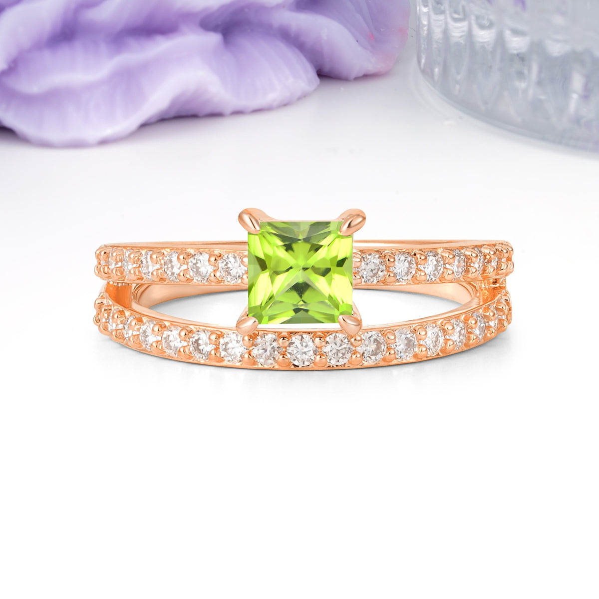 Luxurious Double-Row Diamond, Unique 4-Prong Princess Cut Peridot Engagement Ring - Additional view