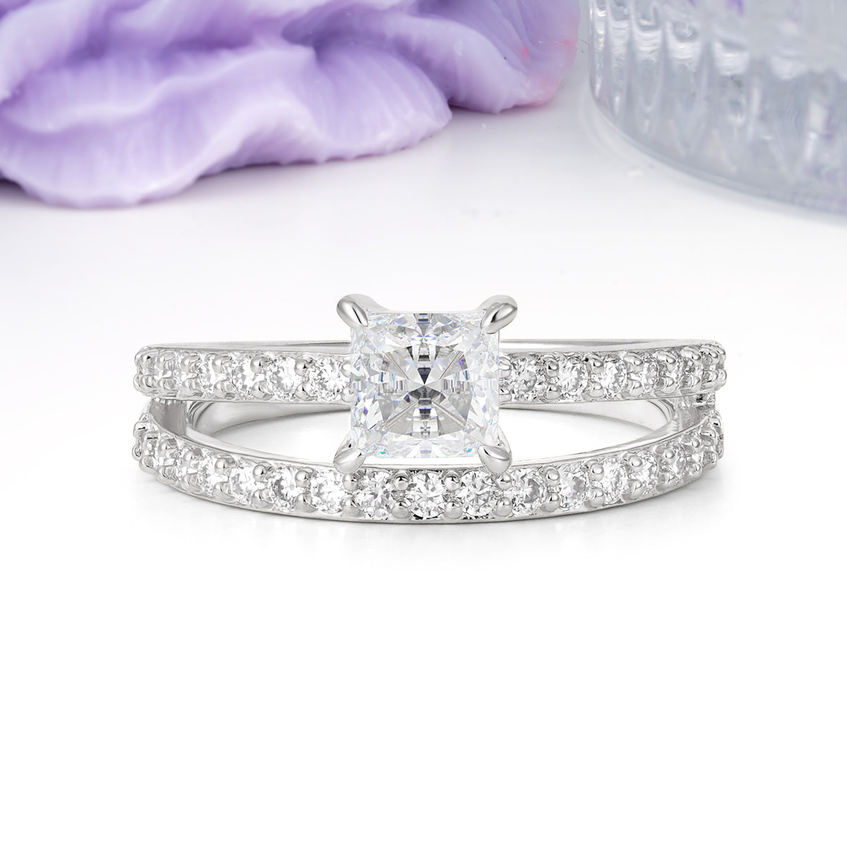 Luxurious Double-Row Diamond, Unique 4-Prong Princess Cut Moissanite Engagement Ring - Additional view