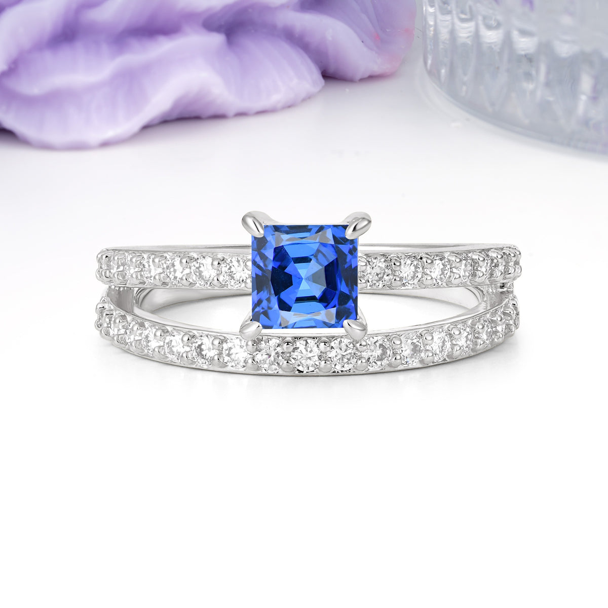 Luxurious Double-Row Diamond, Unique 4-Prong Princess Cut Sapphire Engagement Ring - Additional view