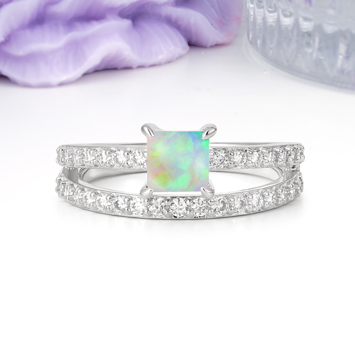 Luxurious Double-Row Diamond, Unique 4-Prong Princess Cut Fire Opal Engagement Ring - Additional view