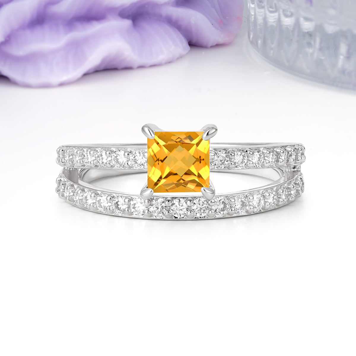 Luxurious Double-Row Diamond, Unique 4-Prong Princess Cut Citrine Engagement Ring - Additional view