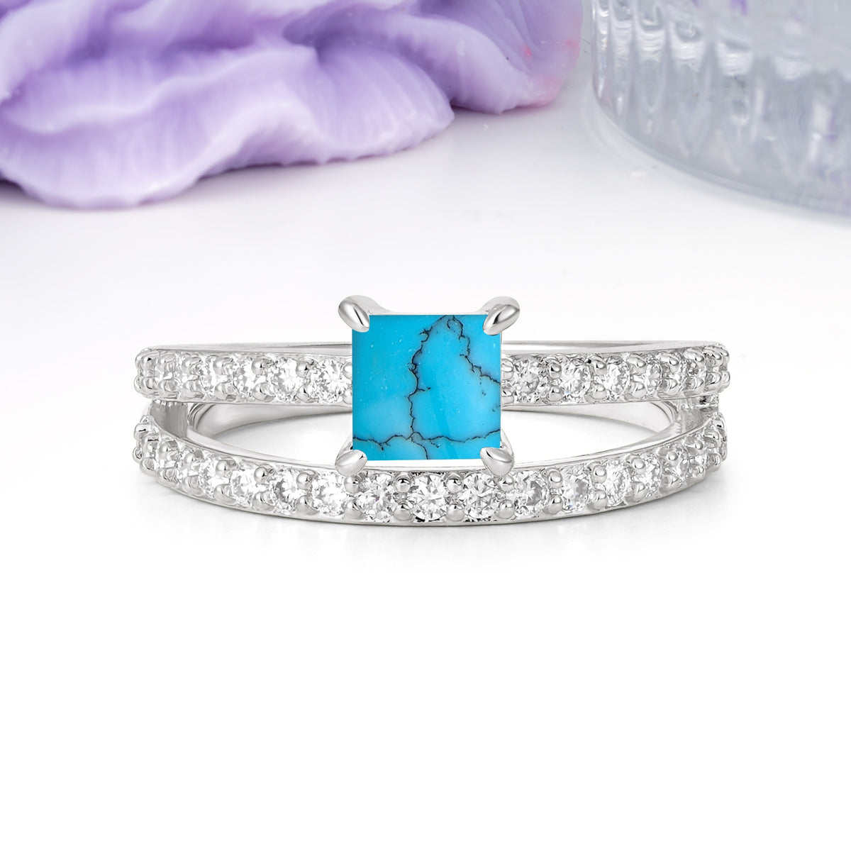Luxurious Double-Row Diamond, Unique 4-Prong Princess Cut Turquoise Engagement Ring - Additional view