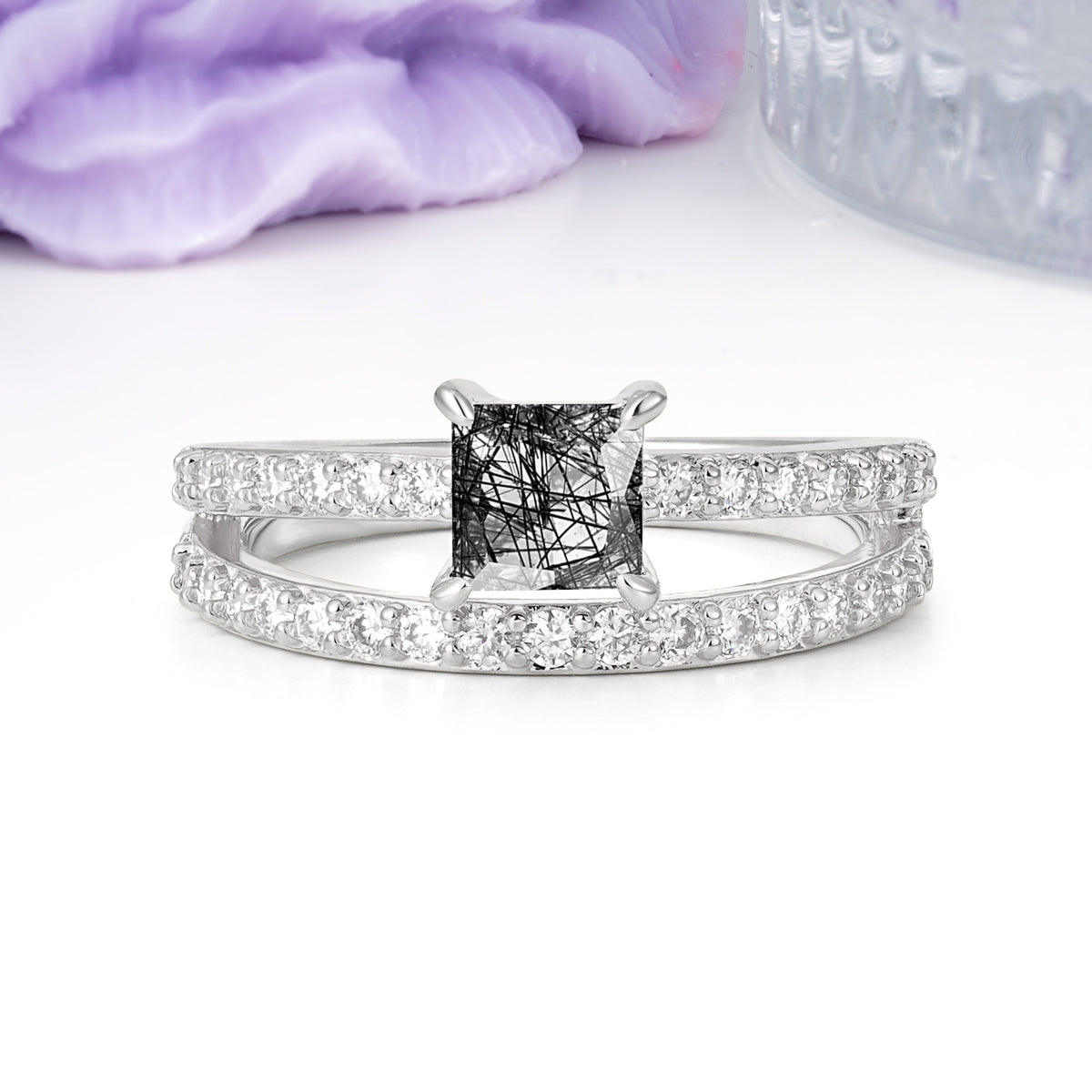 Luxurious Double-Row Diamond, Unique 4-Prong Princess Cut Black Rutilated Quartz Engagement Ring - Additional view