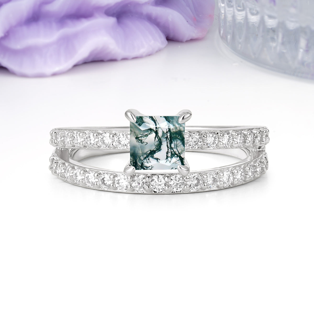 Luxurious Double-Row Diamond, Unique 4-Prong Princess Cut Moss Agate Engagement Ring - Additional view