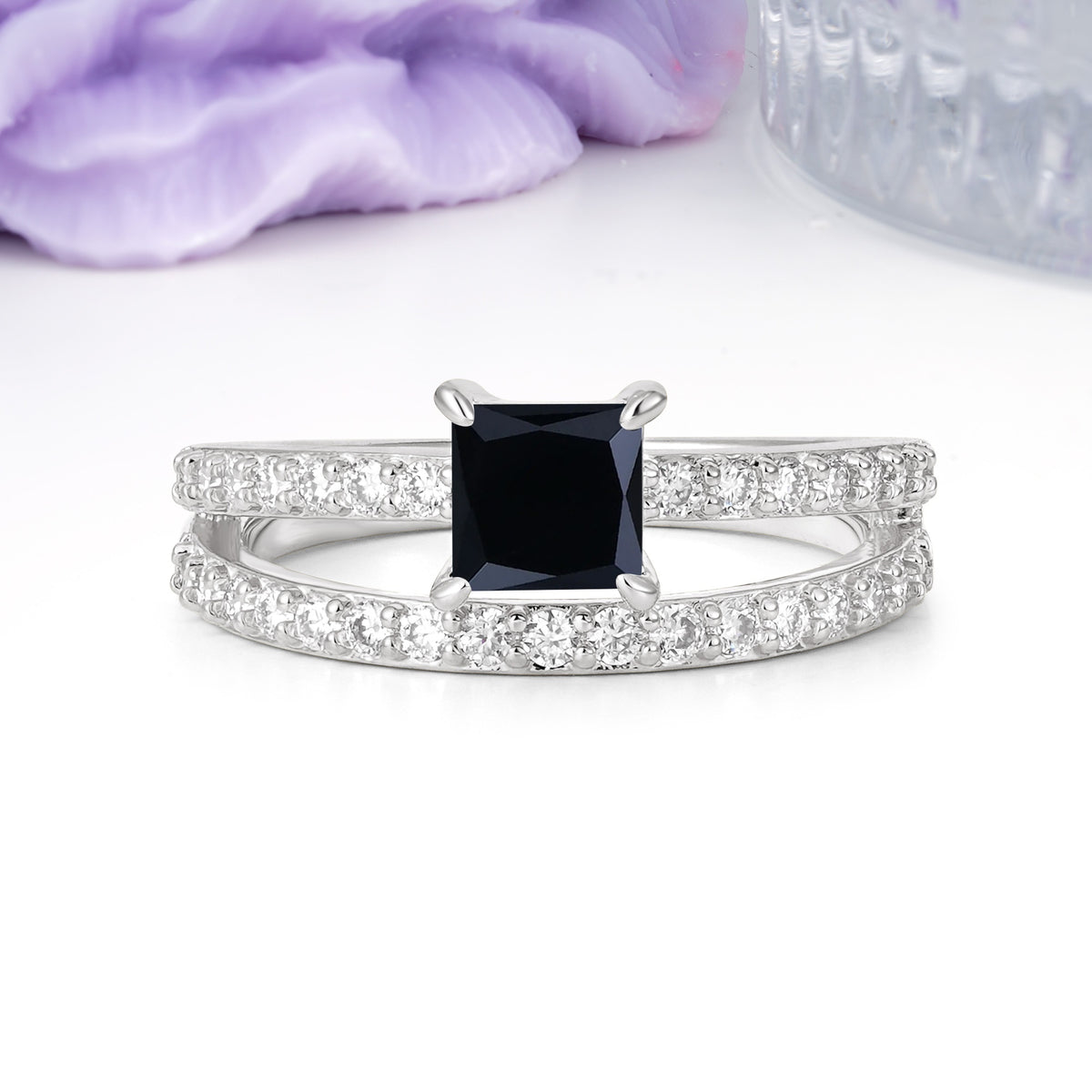 Luxurious Double-Row Diamond, Unique 4-Prong Princess Cut Black Onyx Engagement Ring - Additional view