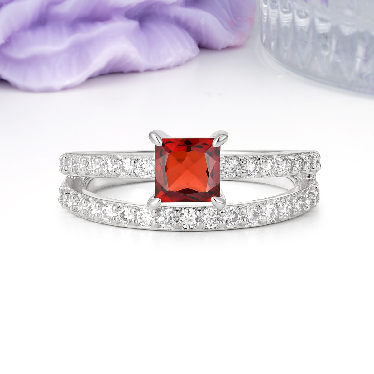 Luxurious Double-Row Diamond, Unique 4-Prong Princess Cut Garnet Engagement Ring - Additional view