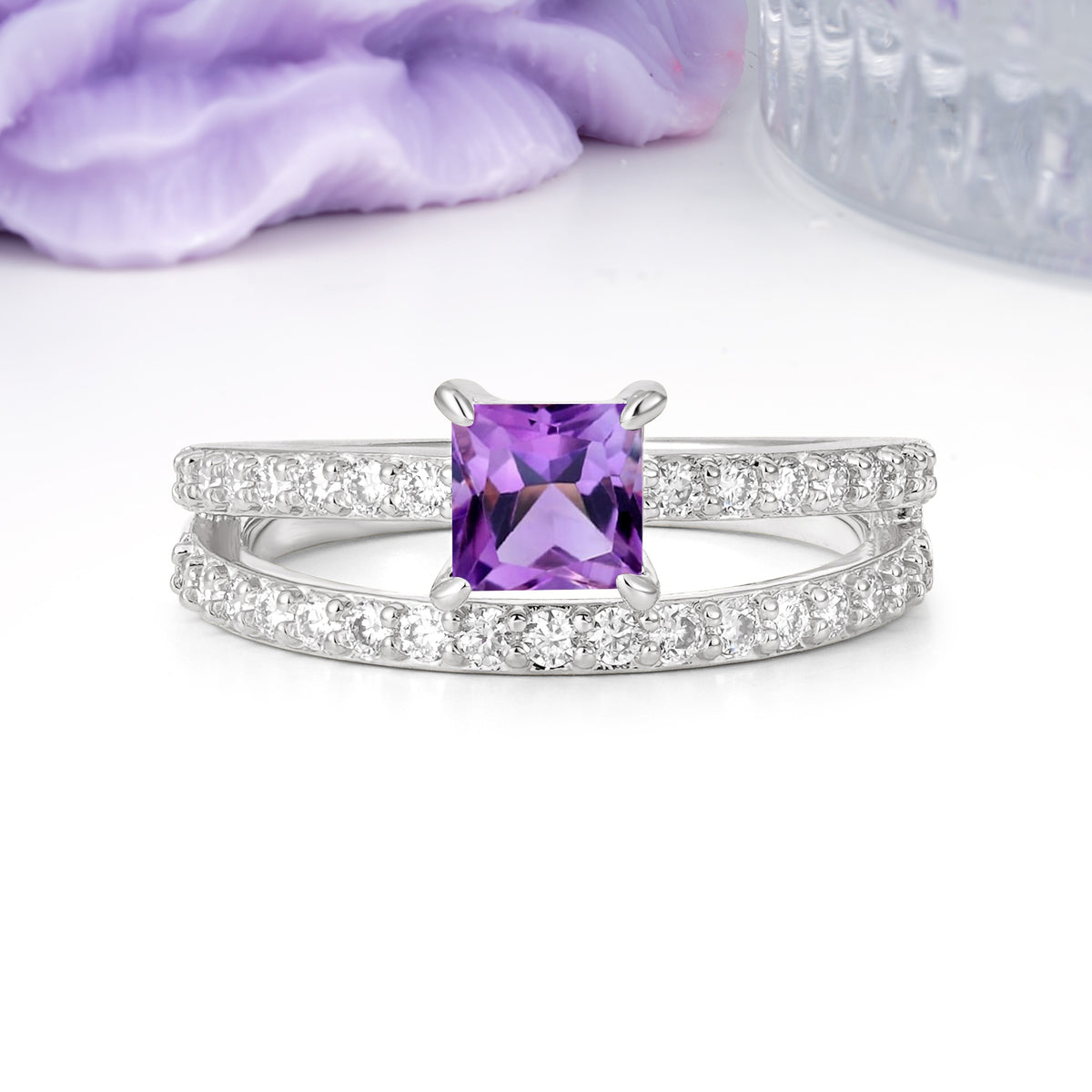 Luxurious Double-Row Diamond, Unique 4-Prong Princess Cut Amethyst Engagement Ring - Additional view