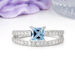 Luxurious Double-Row Diamond, Unique 4-Prong Princess Cut Aquamarine Engagement Ring - Additional view