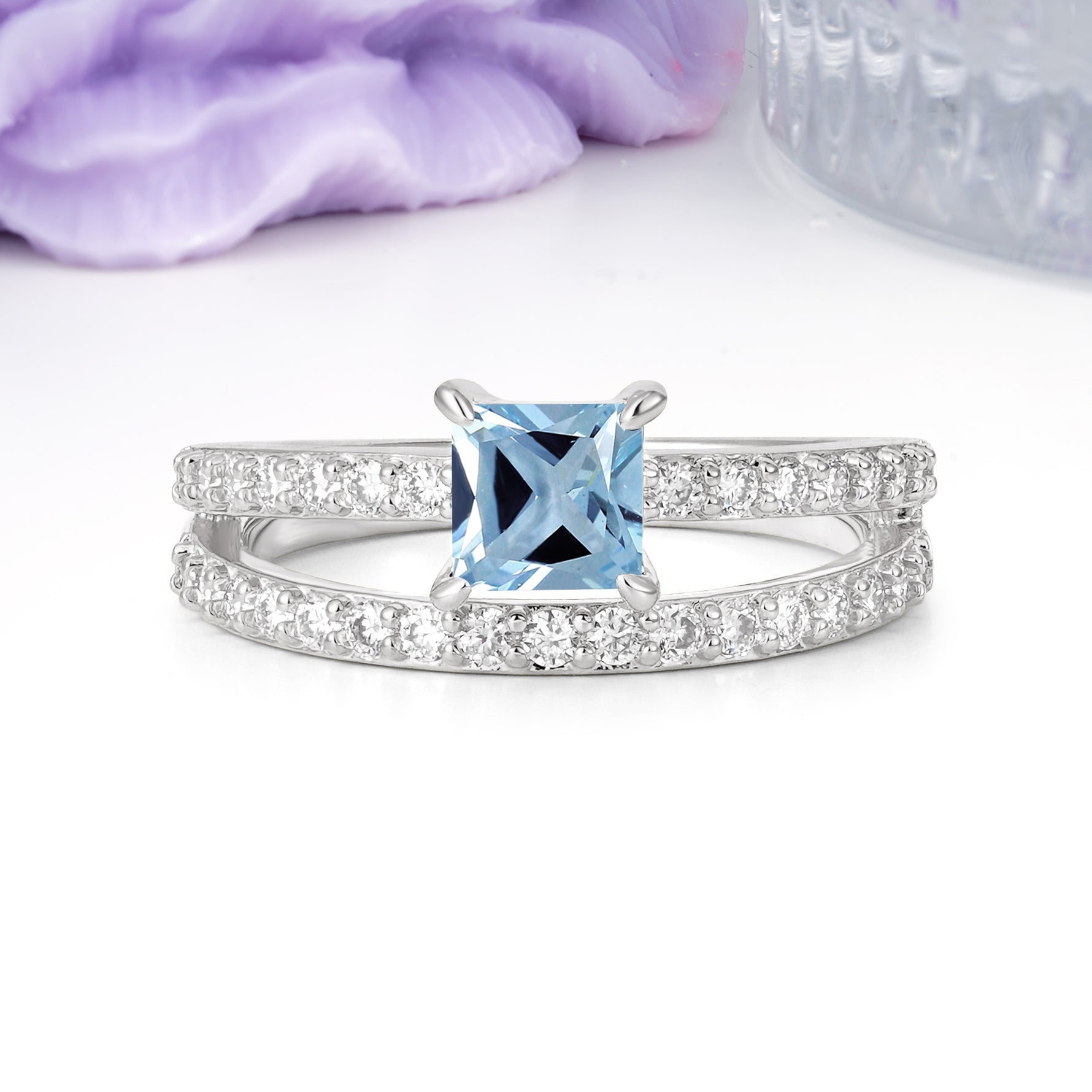 Luxurious Double-Row Diamond, Unique 4-Prong Princess Cut Aquamarine Engagement Ring - Additional view