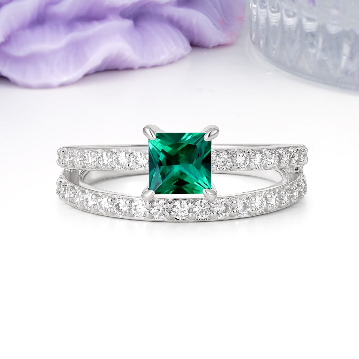 Luxurious Double-Row Diamond, Unique 4-Prong Princess Cut Emerald Engagement Ring - Additional view