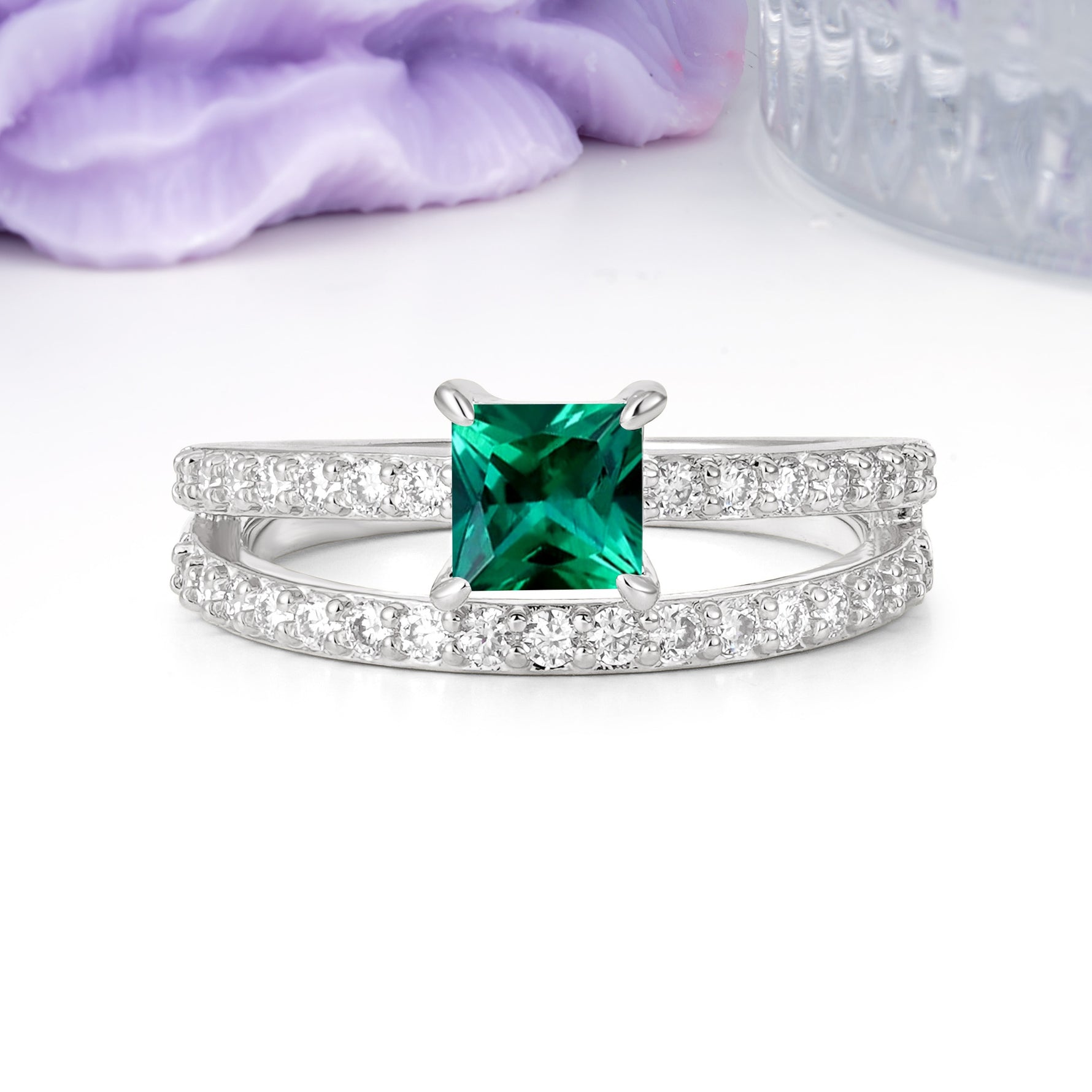 Luxurious Double-Row Diamond, Unique 4-Prong Princess Cut Emerald Engagement Ring - Additional view
