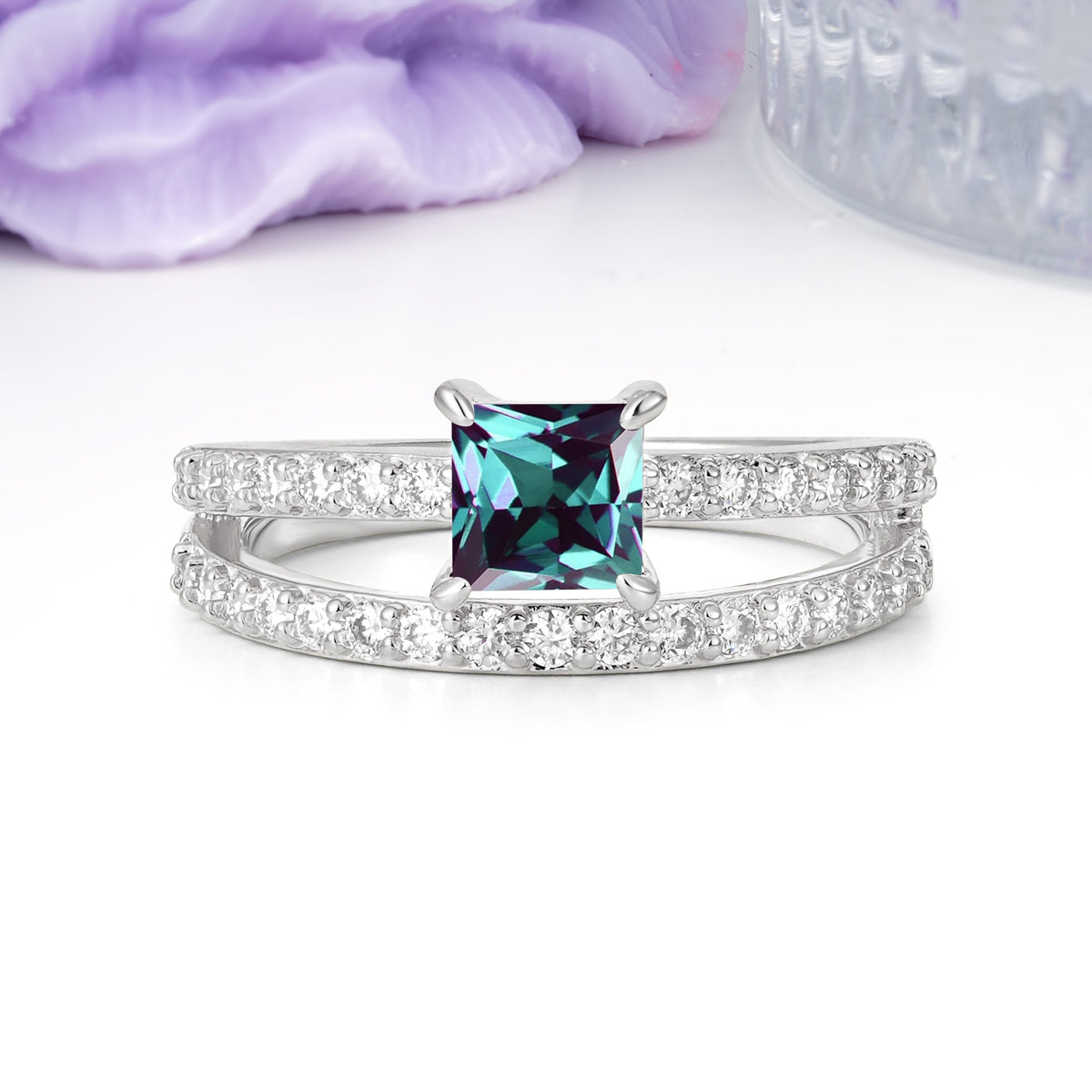 Luxurious Double-Row Diamond, Unique 4-Prong Princess Cut Alexandrite Engagement Ring - Additional view