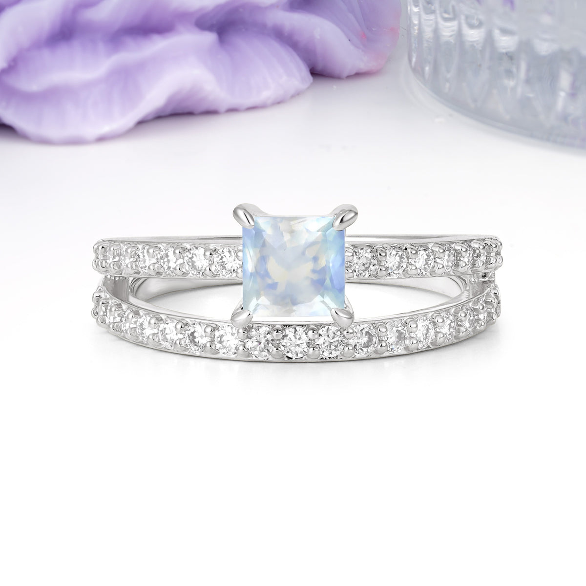 Luxurious Double-Row Diamond, Unique 4-Prong Princess Cut Moonstone Engagement Ring - Additional view
