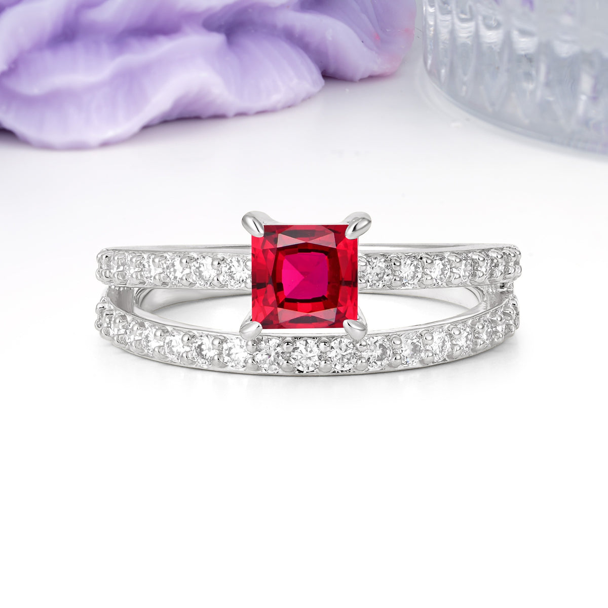 Luxurious Double-Row Diamond, Unique 4-Prong Princess Cut Ruby Engagement Ring - Additional view