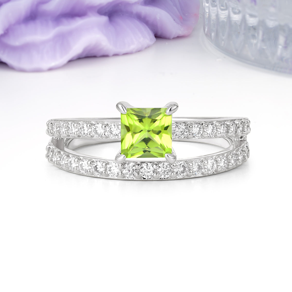 Luxurious Double-Row Diamond, Unique 4-Prong Princess Cut Peridot Engagement Ring - Additional view