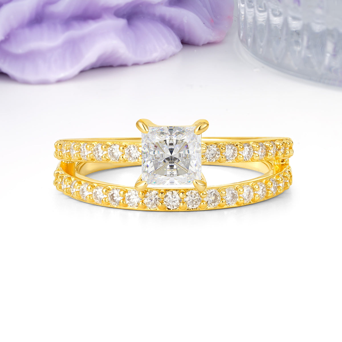 Luxurious Double-Row Diamond, Unique 4-Prong Princess Cut Moissanite Engagement Ring - Additional view