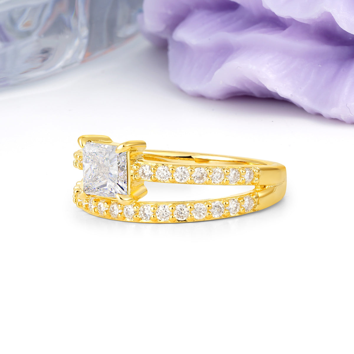 Luxurious Double-Row Diamond, Unique 4-Prong Princess Cut Moissanite Engagement Ring - Additional view
