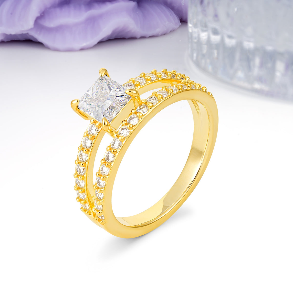 Luxurious Double-Row Diamond, Unique 4-Prong Princess Cut Moissanite Engagement Ring - Additional view