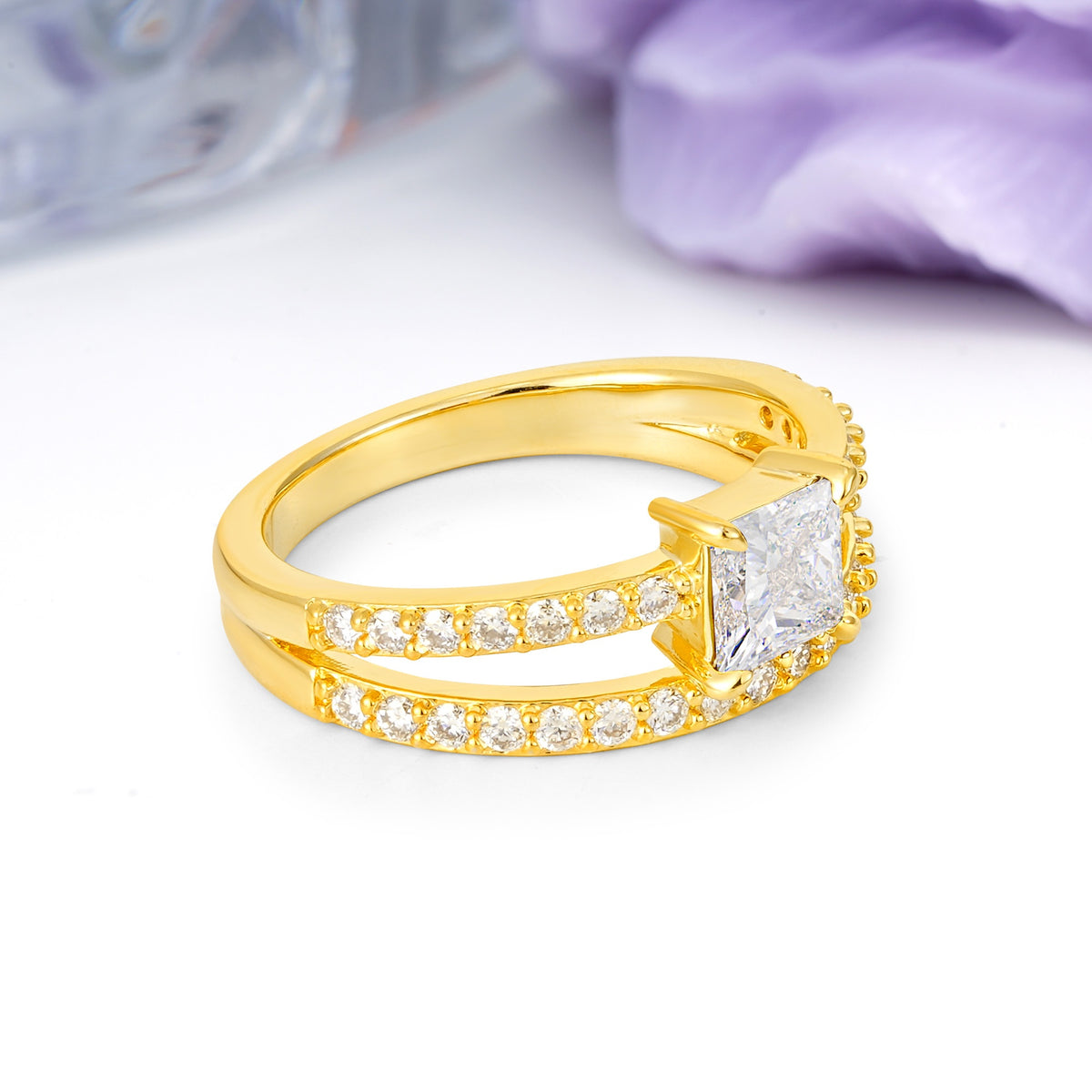 Luxurious Double-Row Diamond, Unique 4-Prong Princess Cut Moissanite Engagement Ring - Additional view