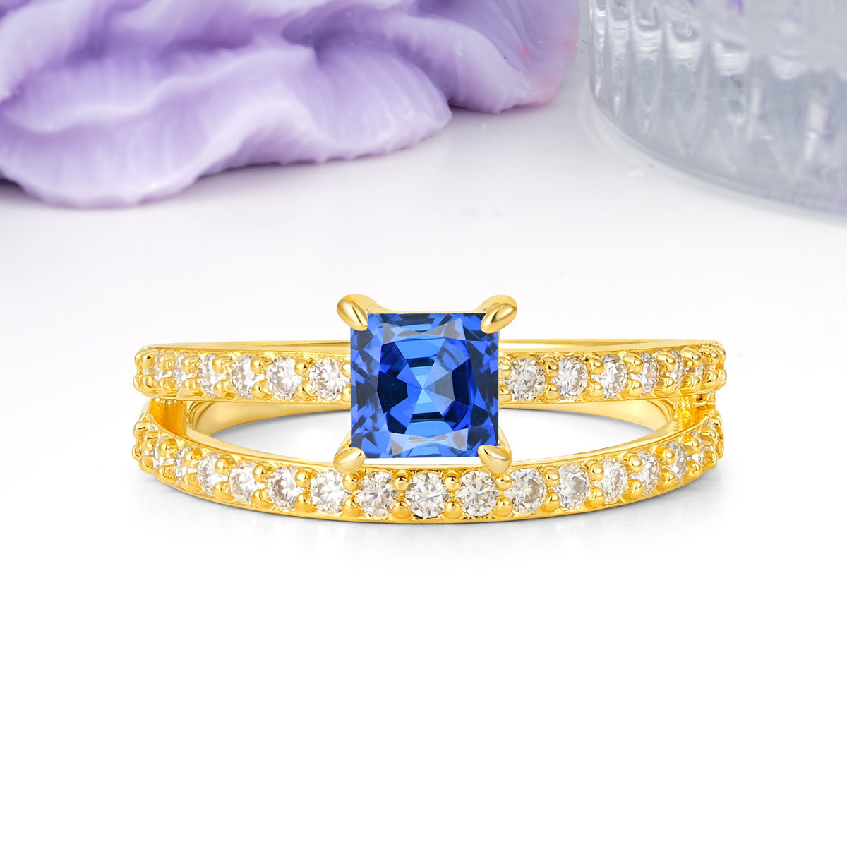 Luxurious Double-Row Diamond, Unique 4-Prong Princess Cut Sapphire Engagement Ring - Additional view