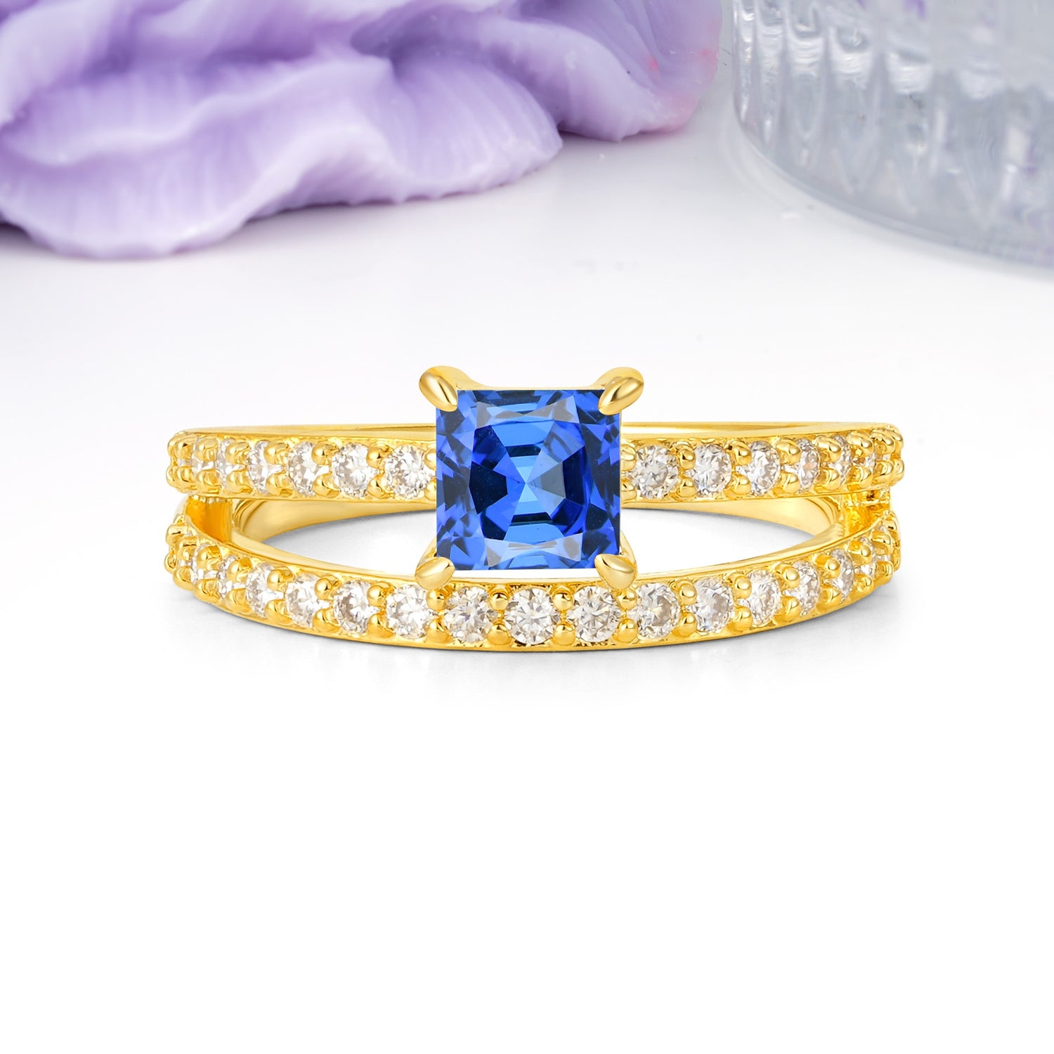 Luxurious Double-Row Diamond, Unique 4-Prong Princess Cut Sapphire Engagement Ring - Additional view