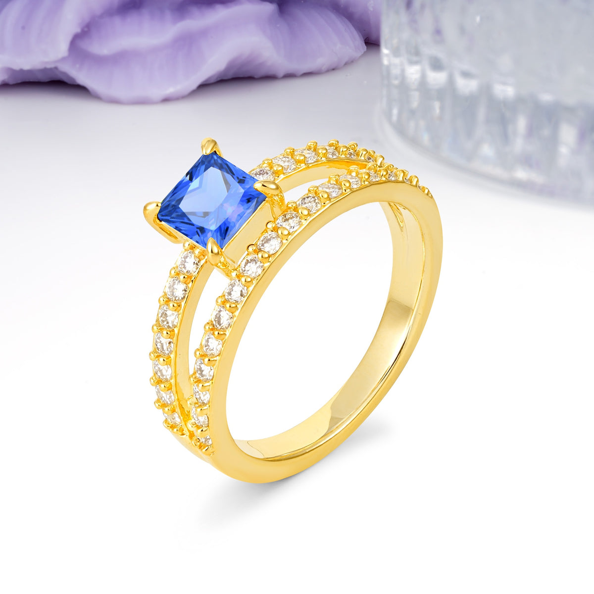Luxurious Double-Row Diamond, Unique 4-Prong Princess Cut Sapphire Engagement Ring - Additional view
