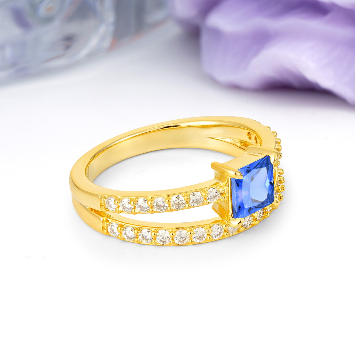 Luxurious Double-Row Diamond, Unique 4-Prong Princess Cut Sapphire Engagement Ring - Additional view