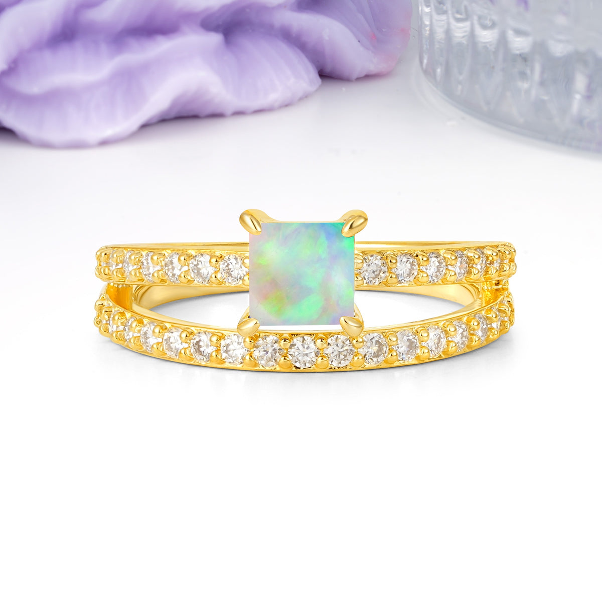 Luxurious Double-Row Diamond, Unique 4-Prong Princess Cut Fire Opal Engagement Ring - Additional view