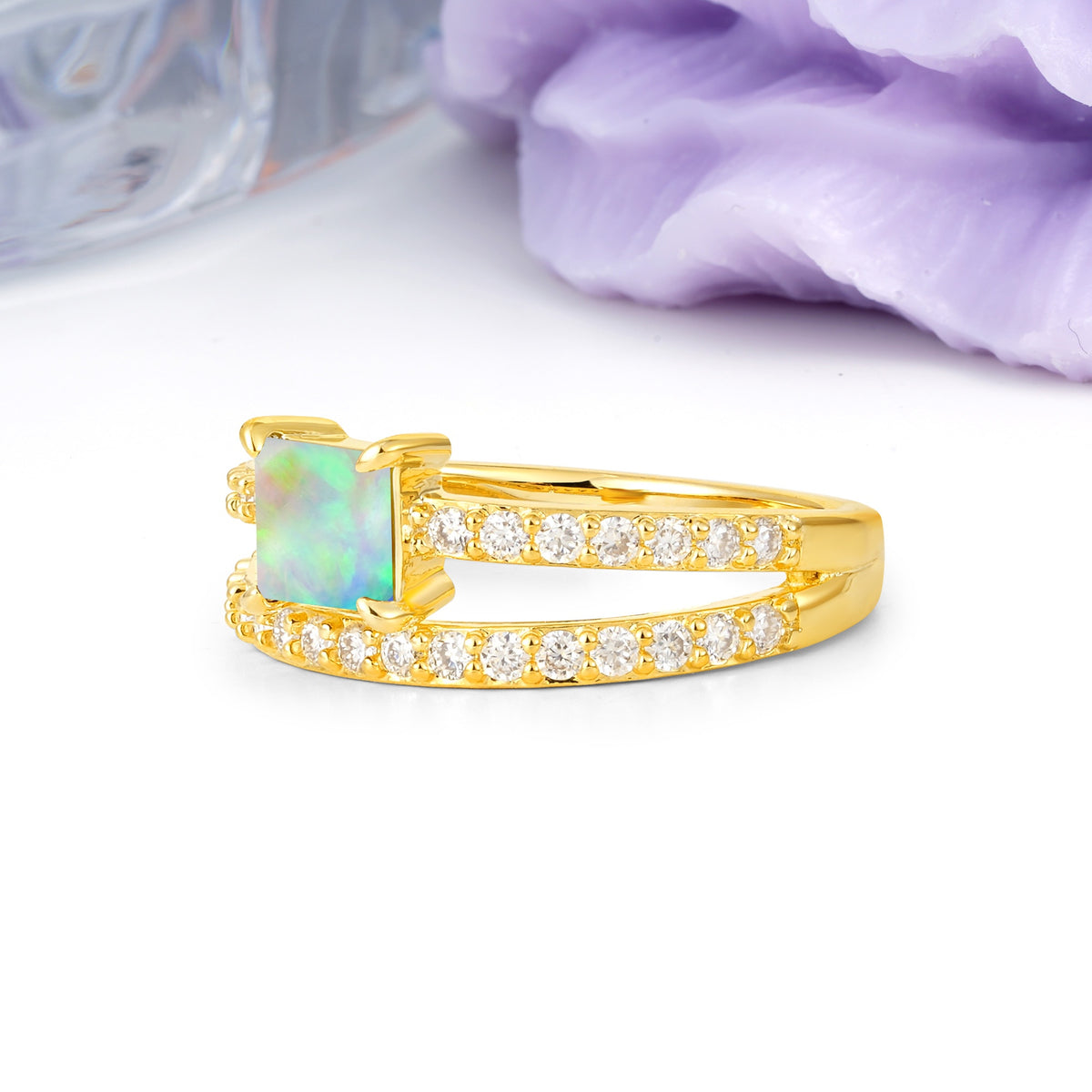 Luxurious Double-Row Diamond, Unique 4-Prong Princess Cut Fire Opal Engagement Ring - Additional view