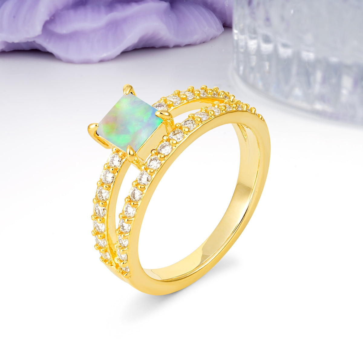 Luxurious Double-Row Diamond, Unique 4-Prong Princess Cut Fire Opal Engagement Ring - Additional view
