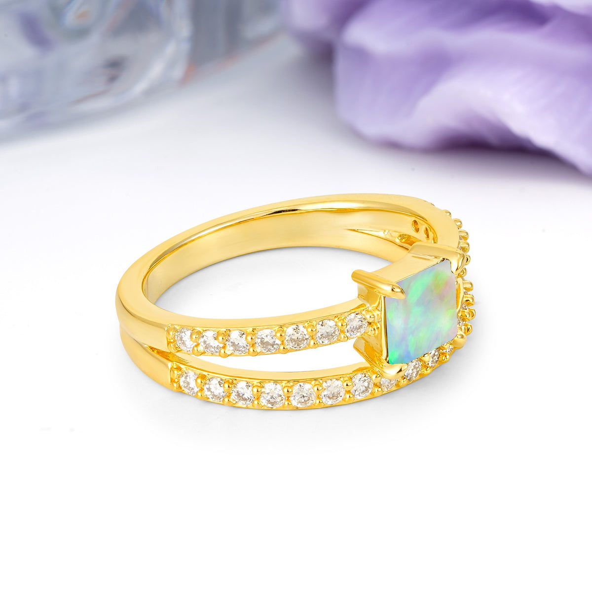 Luxurious Double-Row Diamond, Unique 4-Prong Princess Cut Fire Opal Engagement Ring - Additional view
