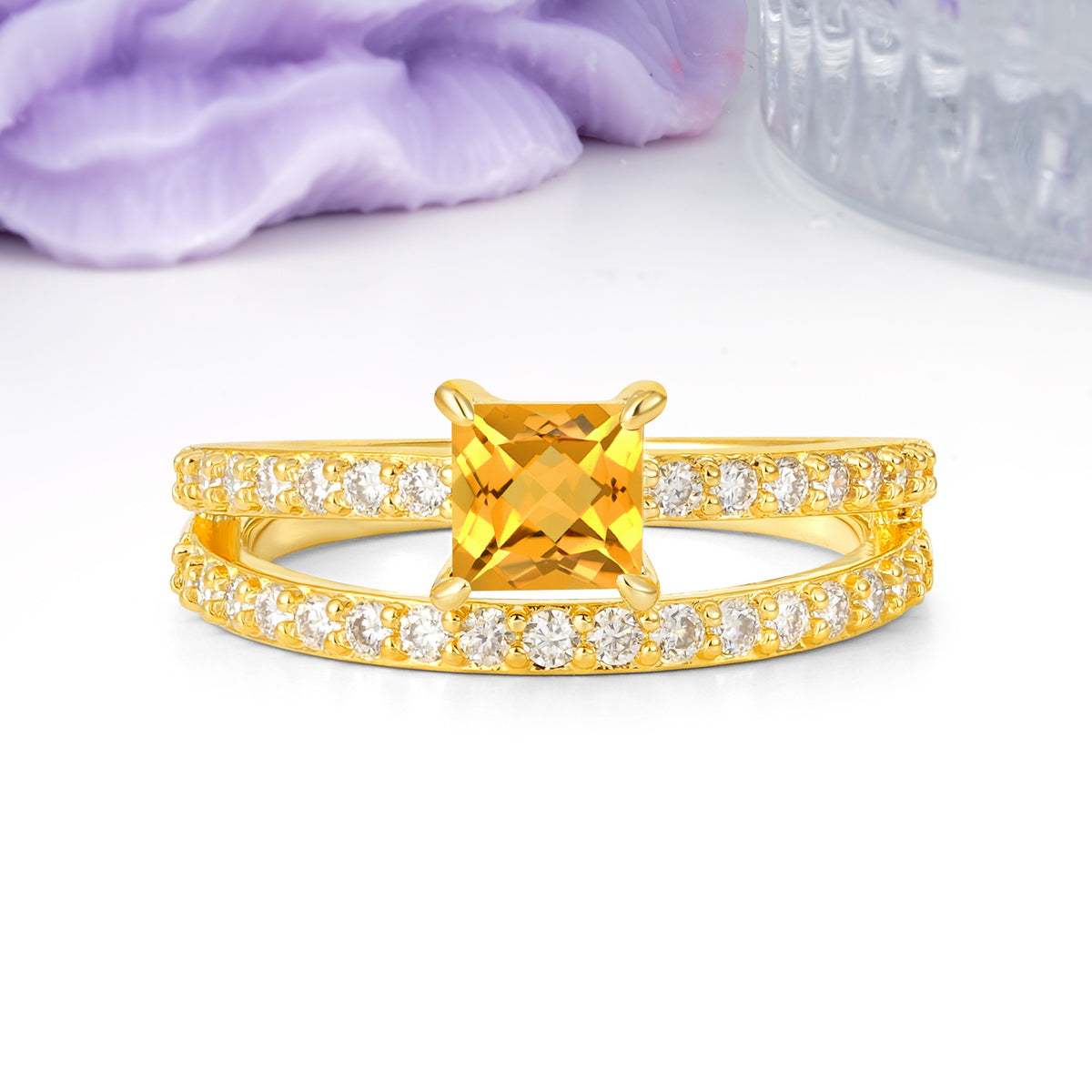 Luxurious Double-Row Diamond, Unique 4-Prong Princess Cut Citrine Engagement Ring - Additional view