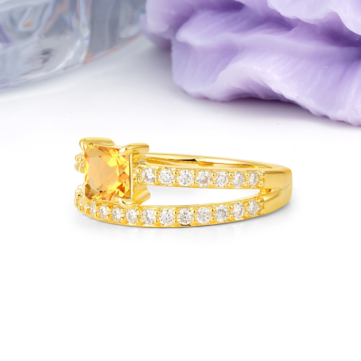Luxurious Double-Row Diamond, Unique 4-Prong Princess Cut Citrine Engagement Ring - Additional view