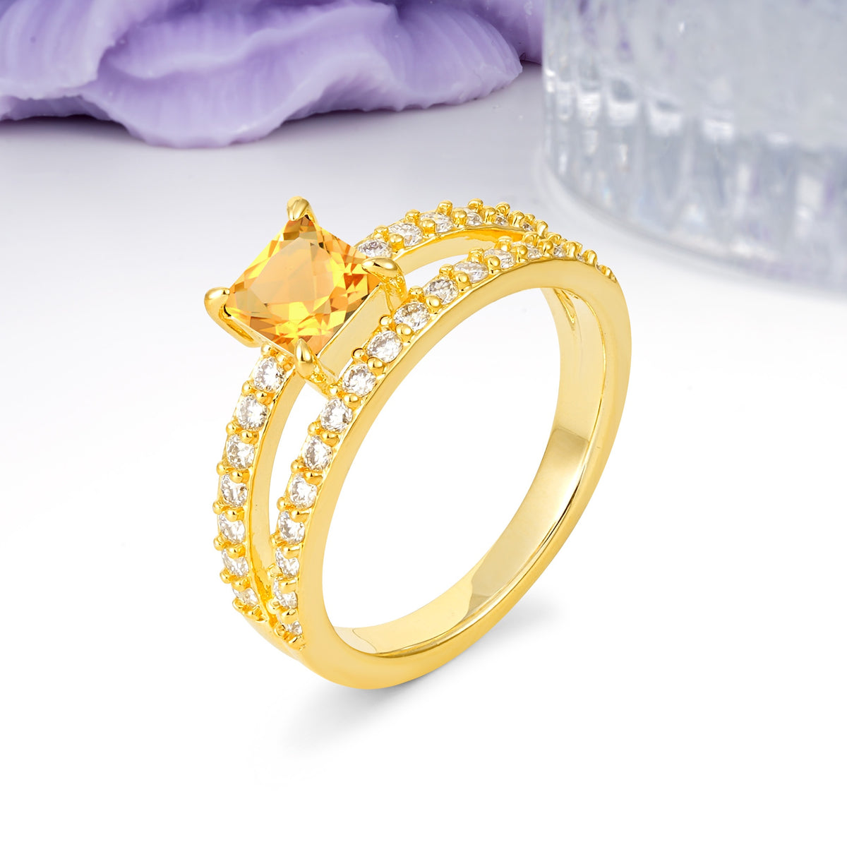 Luxurious Double-Row Diamond, Unique 4-Prong Princess Cut Citrine Engagement Ring - Additional view