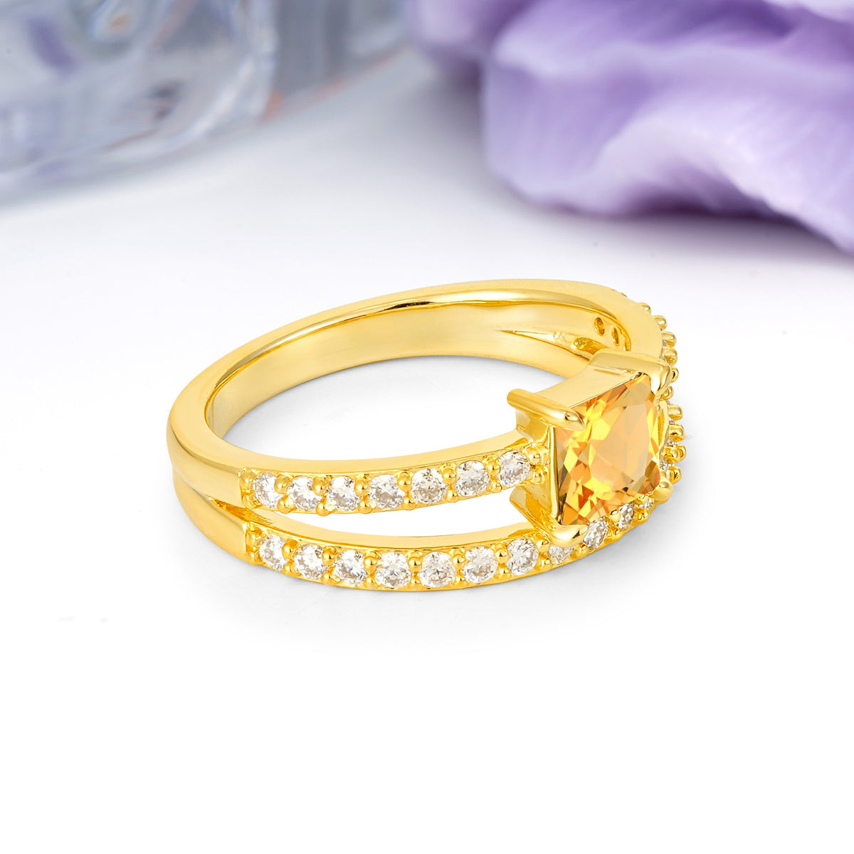 Luxurious Double-Row Diamond, Unique 4-Prong Princess Cut Citrine Engagement Ring - Additional view