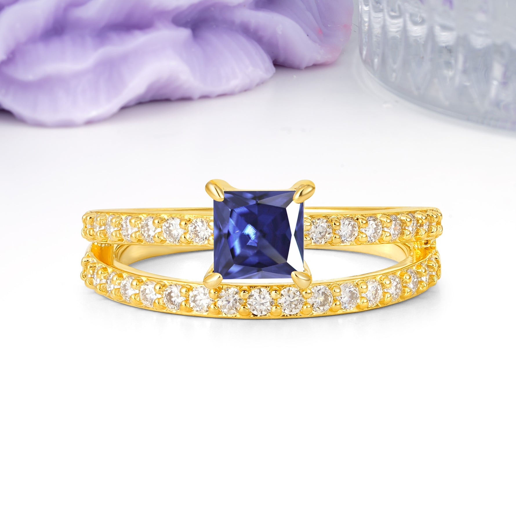 Luxurious Double-Row Diamond, Unique 4-Prong Princess Cut Tanzanite Engagement Ring - Additional view