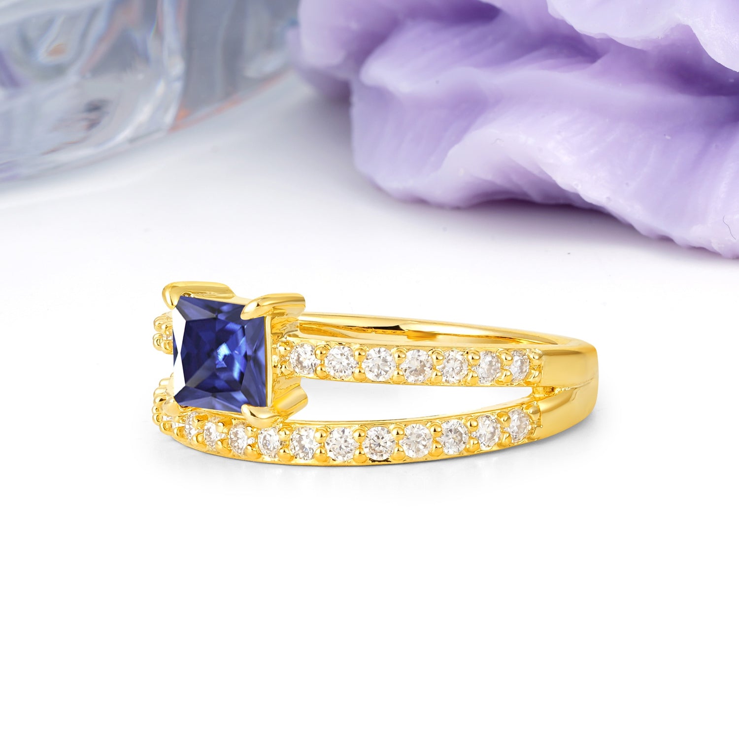 Luxurious Double-Row Diamond, Unique 4-Prong Princess Cut Tanzanite Engagement Ring - Additional view