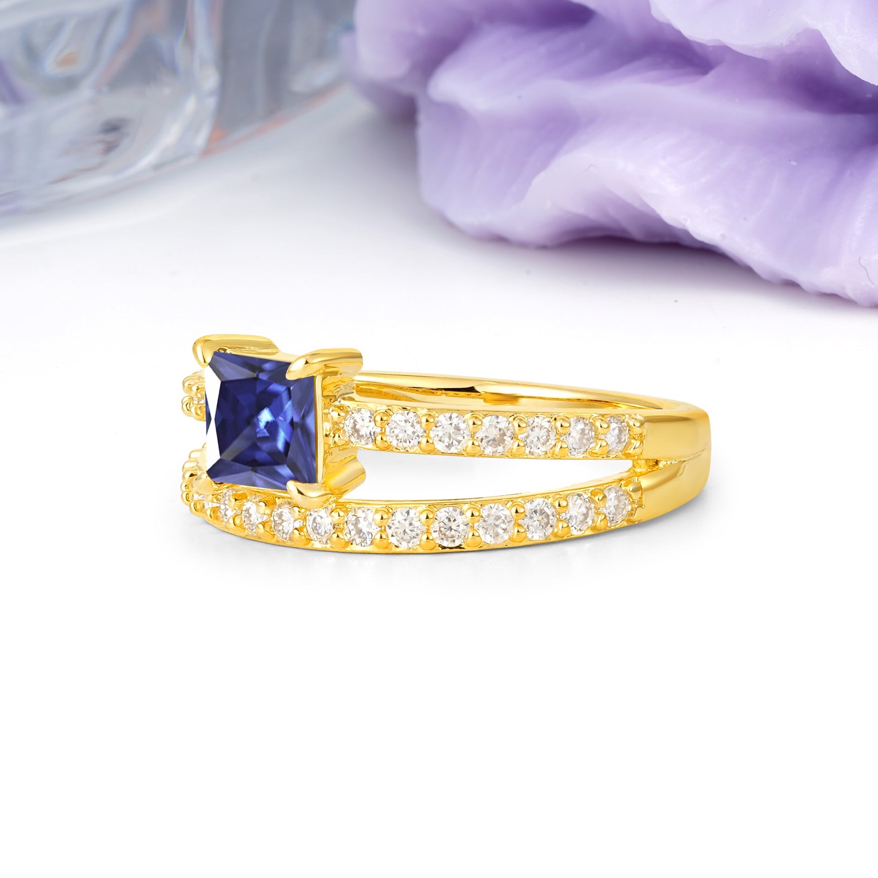 Luxurious Double-Row Diamond, Unique 4-Prong Princess Cut Tanzanite Engagement Ring - Additional view