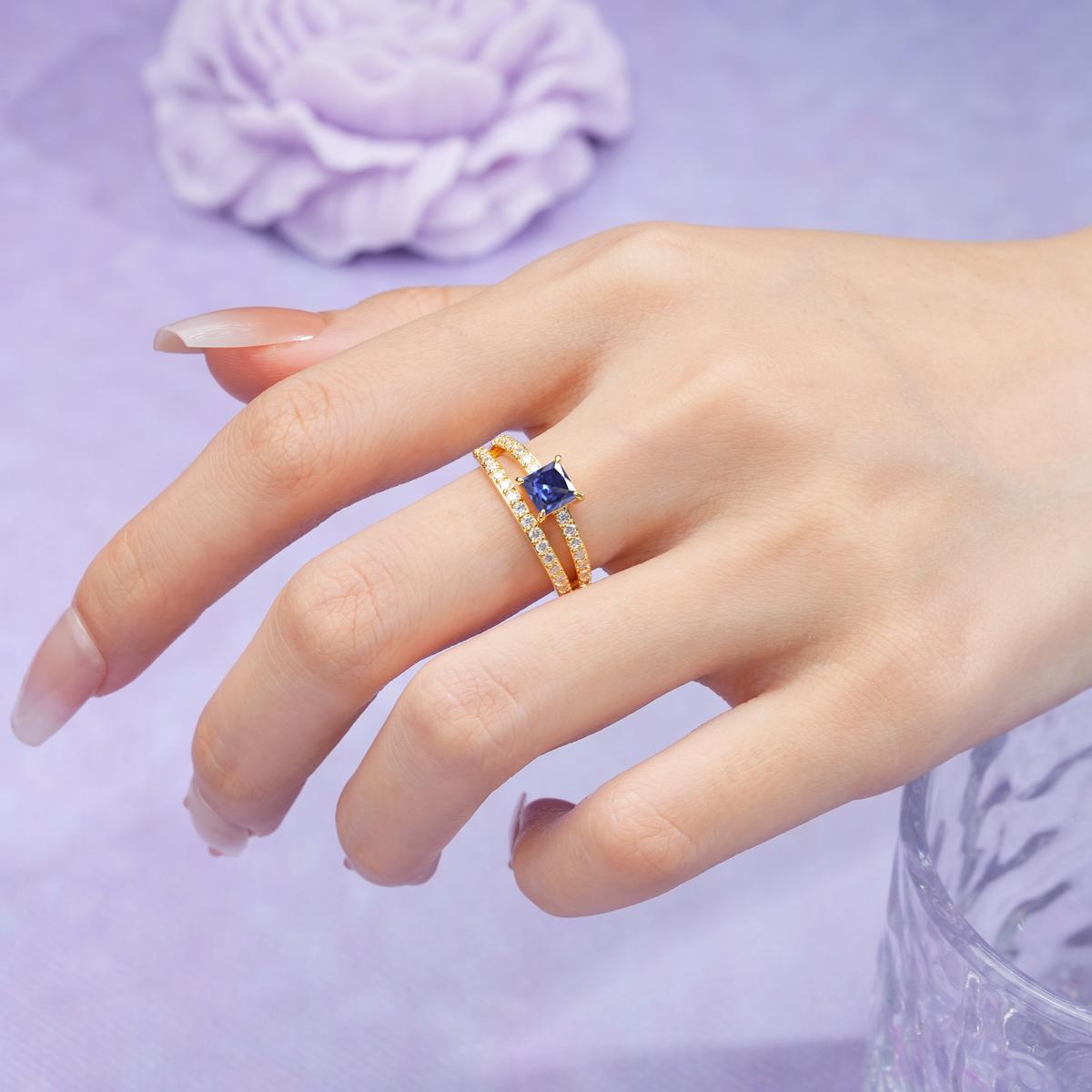 Luxurious Double-Row Diamond, Unique 4-Prong Princess Cut Tanzanite Engagement Ring