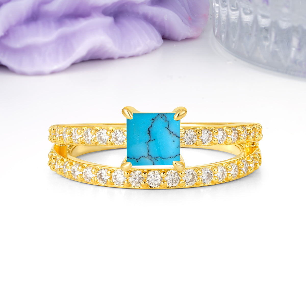 Luxurious Double-Row Diamond, Unique 4-Prong Princess Cut Turquoise Engagement Ring - Additional view