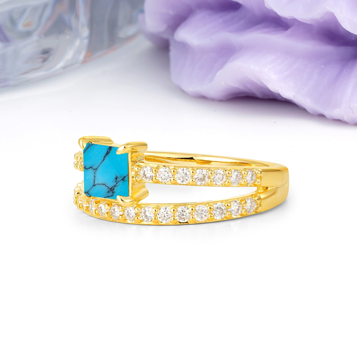 Luxurious Double-Row Diamond, Unique 4-Prong Princess Cut Turquoise Engagement Ring - Additional view