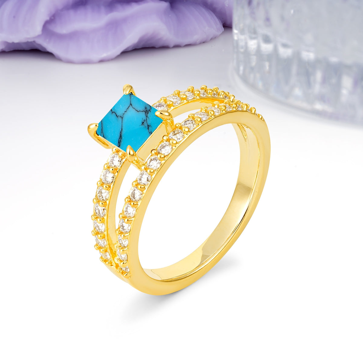 Luxurious Double-Row Diamond, Unique 4-Prong Princess Cut Turquoise Engagement Ring - Additional view