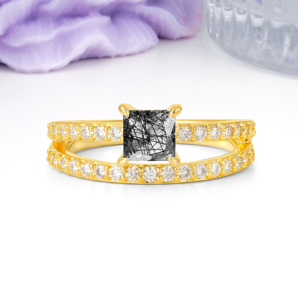 Luxurious Double-Row Diamond, Unique 4-Prong Princess Cut Black Rutilated Quartz Engagement Ring - Additional view