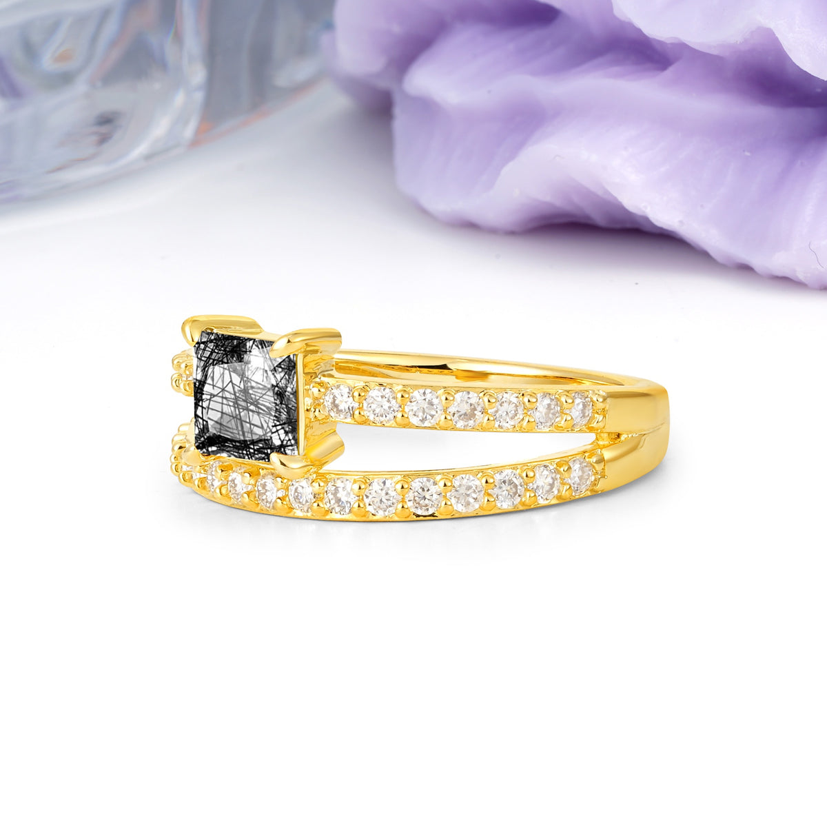Luxurious Double-Row Diamond, Unique 4-Prong Princess Cut Black Rutilated Quartz Engagement Ring - Additional view