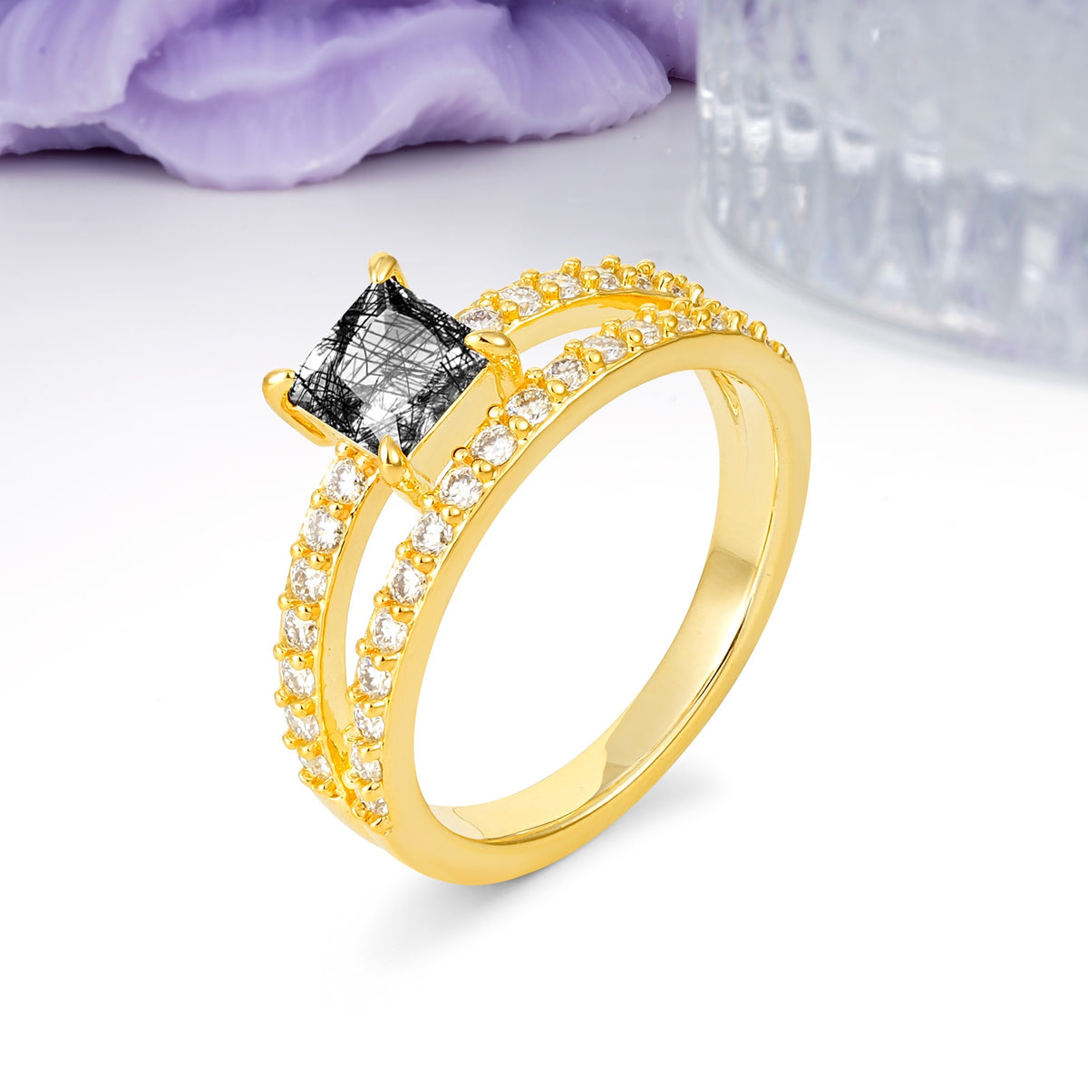 Luxurious Double-Row Diamond, Unique 4-Prong Princess Cut Black Rutilated Quartz Engagement Ring - Additional view