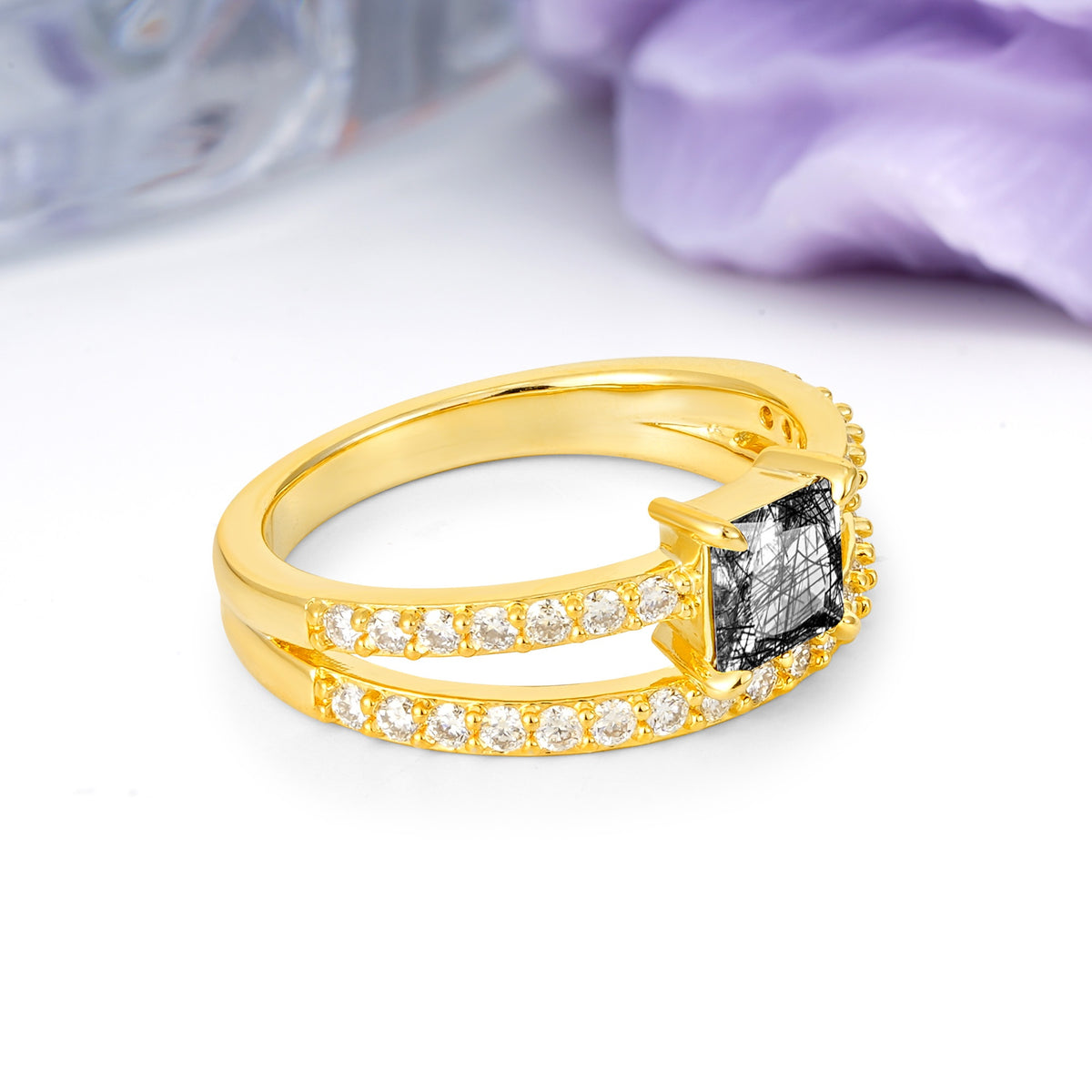 Luxurious Double-Row Diamond, Unique 4-Prong Princess Cut Black Rutilated Quartz Engagement Ring - Additional view
