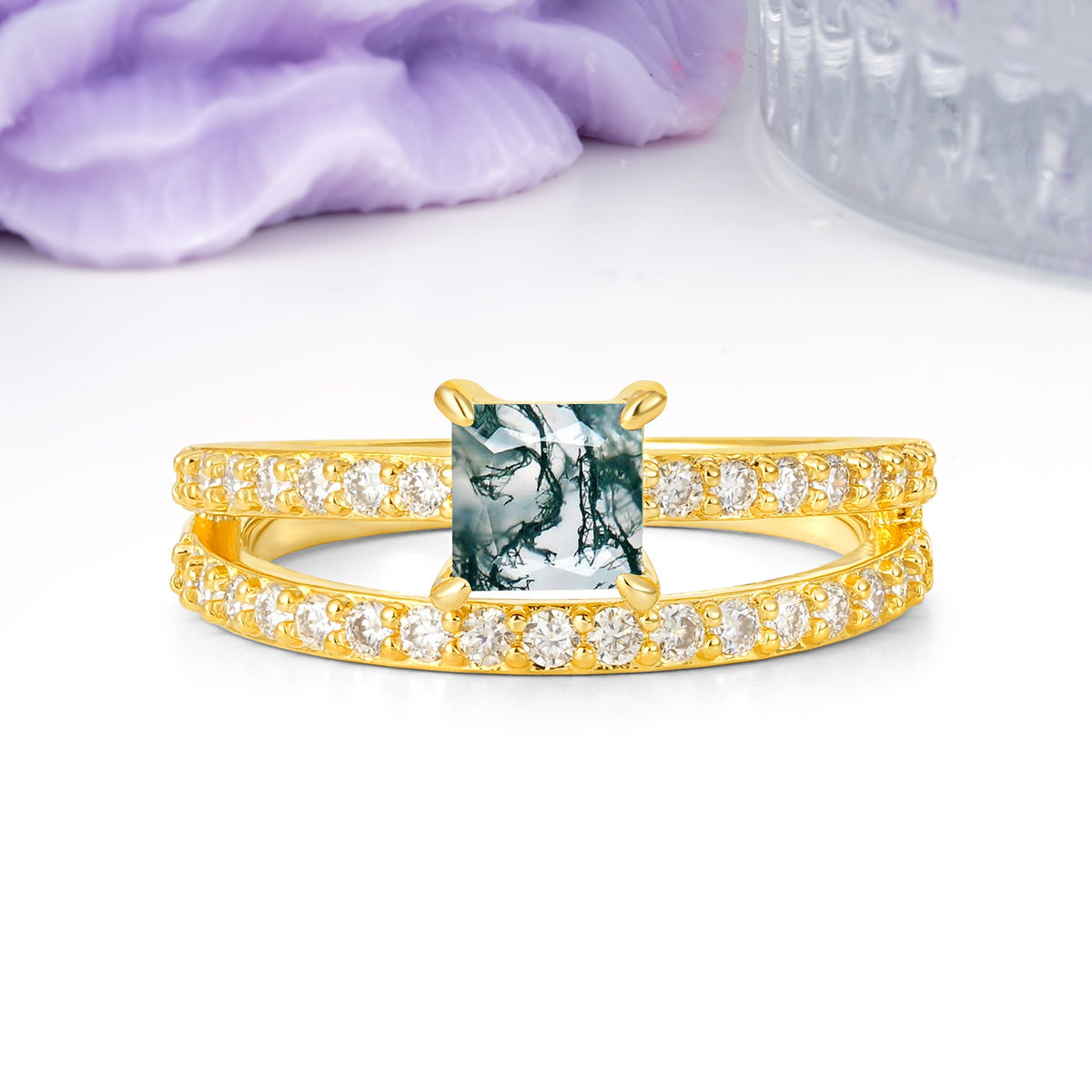 Luxurious Double-Row Diamond, Unique 4-Prong Princess Cut Moss Agate Engagement Ring - Additional view